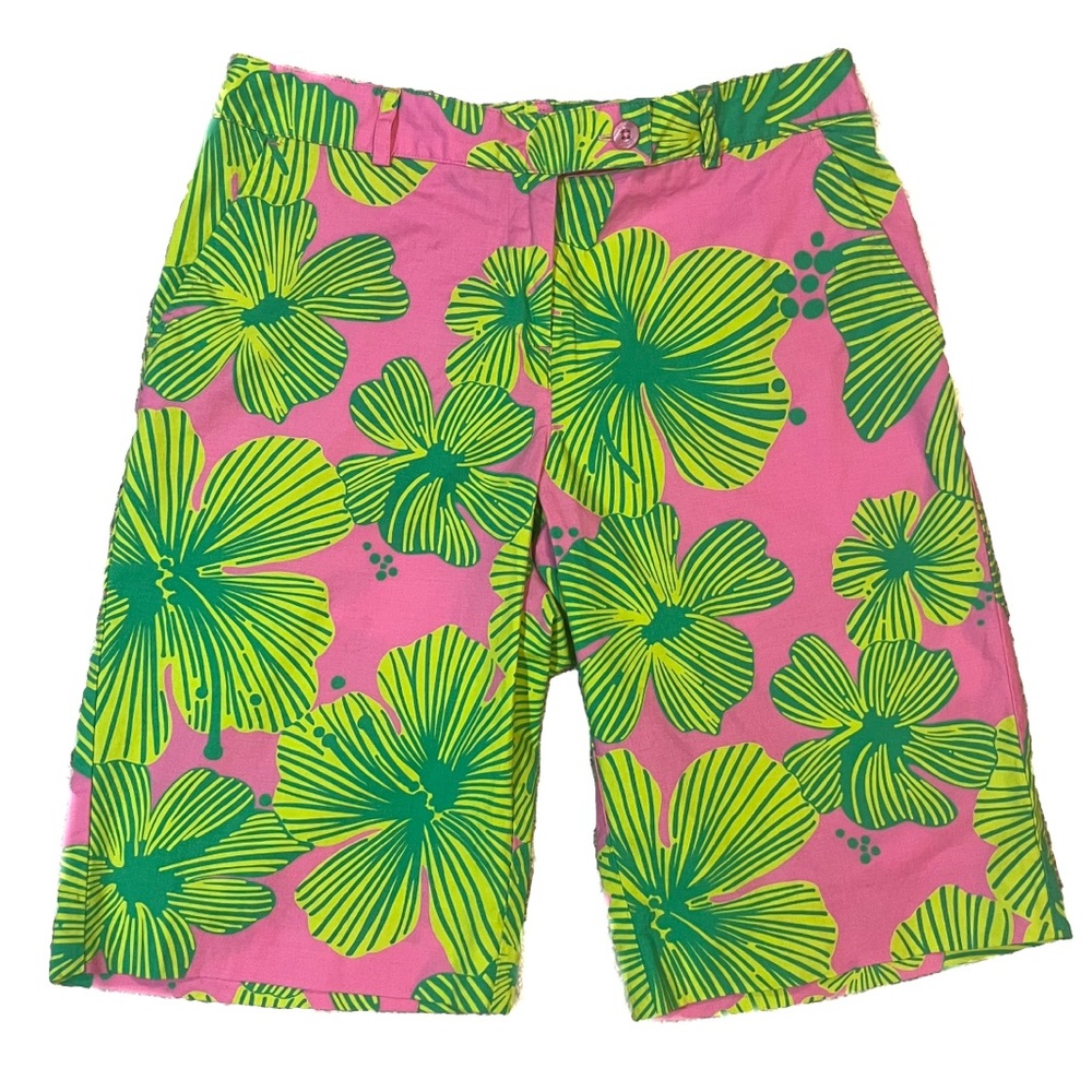 Lilly Pulitzer White Label Bermuda Shorts Tropical Pink Green Mid-Rise Size 2
